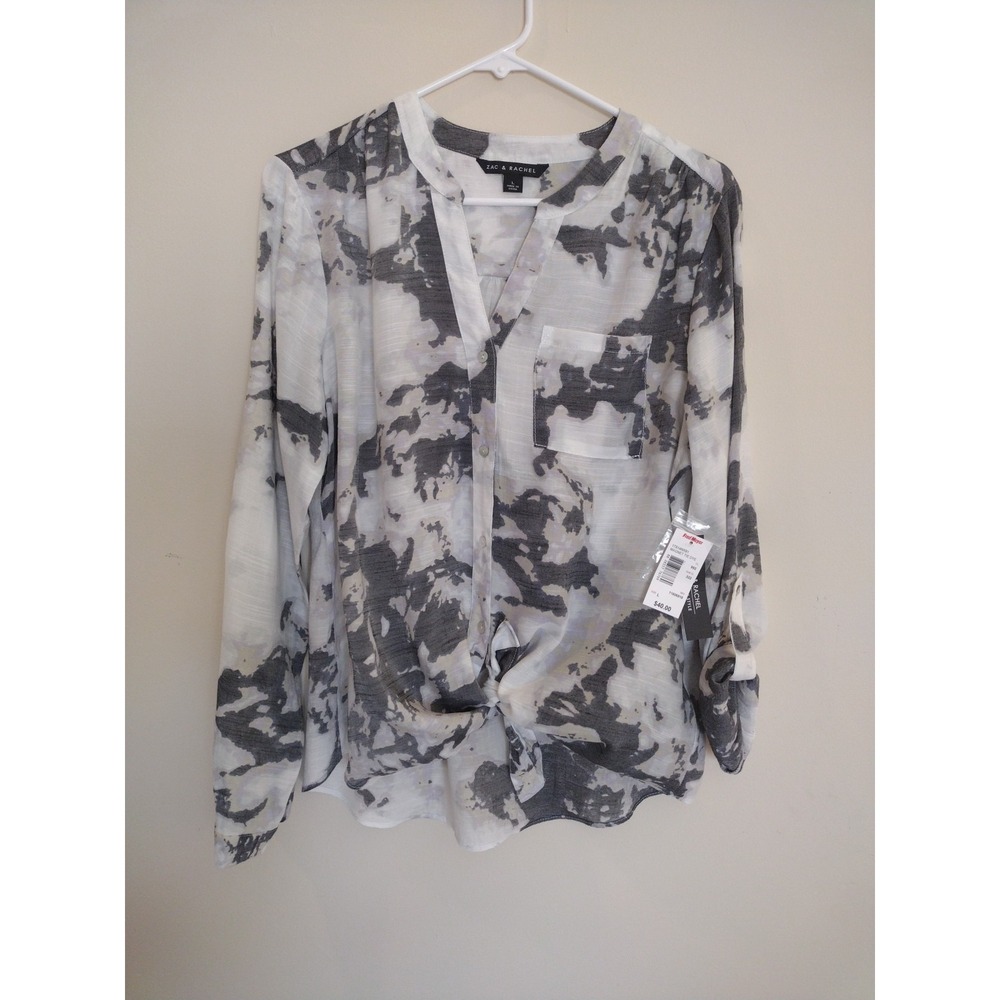 Zac & Rachel Blouse L Women's Gray Abstrac Roll Tap Long Sleeve Button Front - Picture 2 of 7